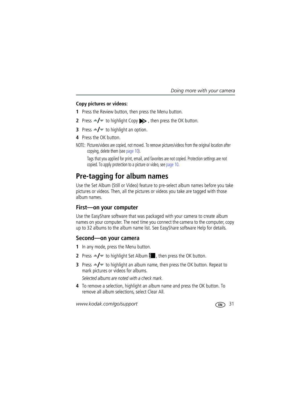 Kodak C360 manual Pre-tagging for album names, First-on your computer, Second-on your camera, Copy pictures or videos 