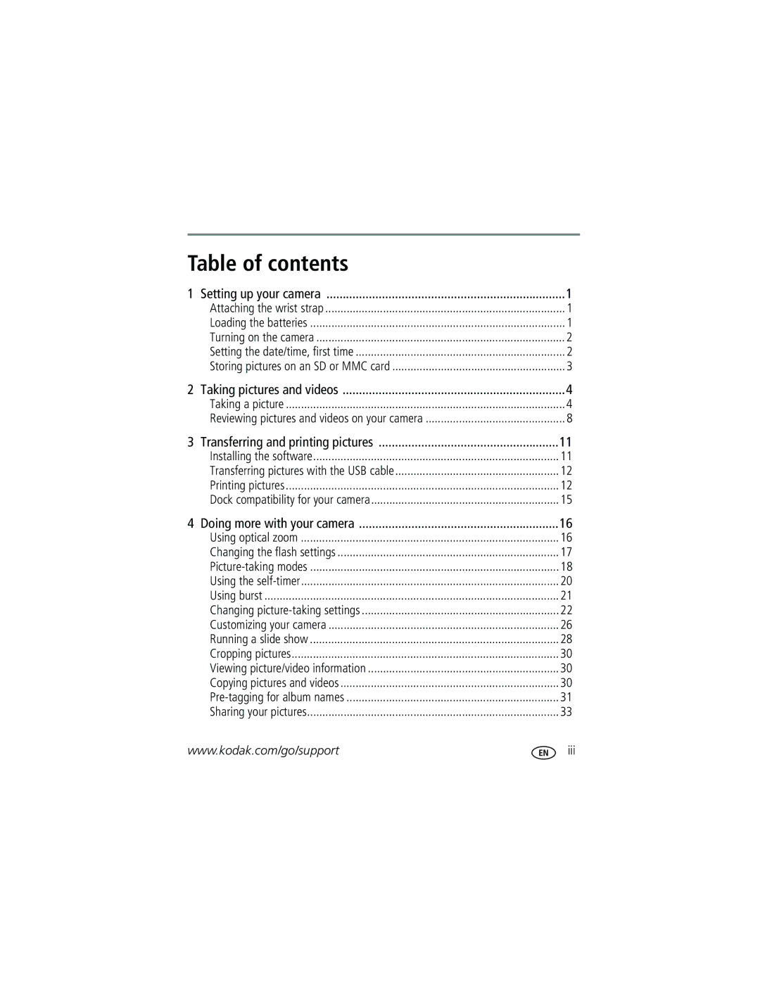 Kodak C360 manual Table of contents 