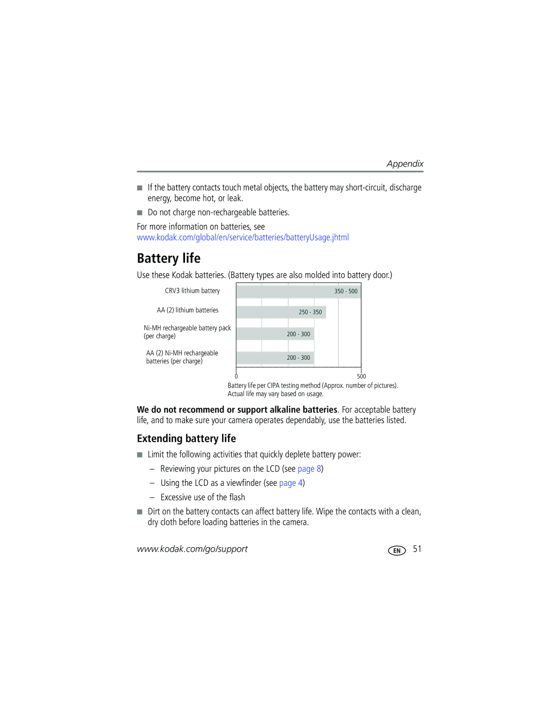 Kodak C360 manual Battery life, Extending battery life 