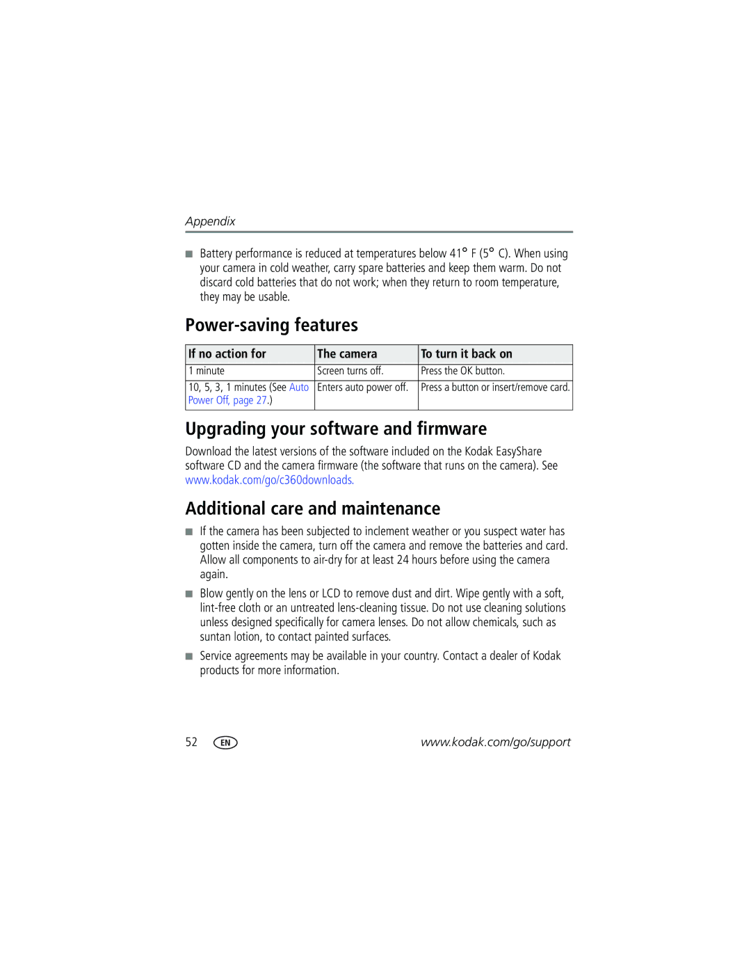 Kodak C360 manual Power-saving features, If no action for Camera To turn it back on 