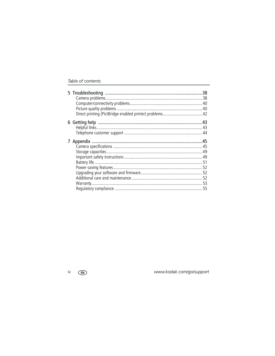 Kodak C360 manual Table of contents 