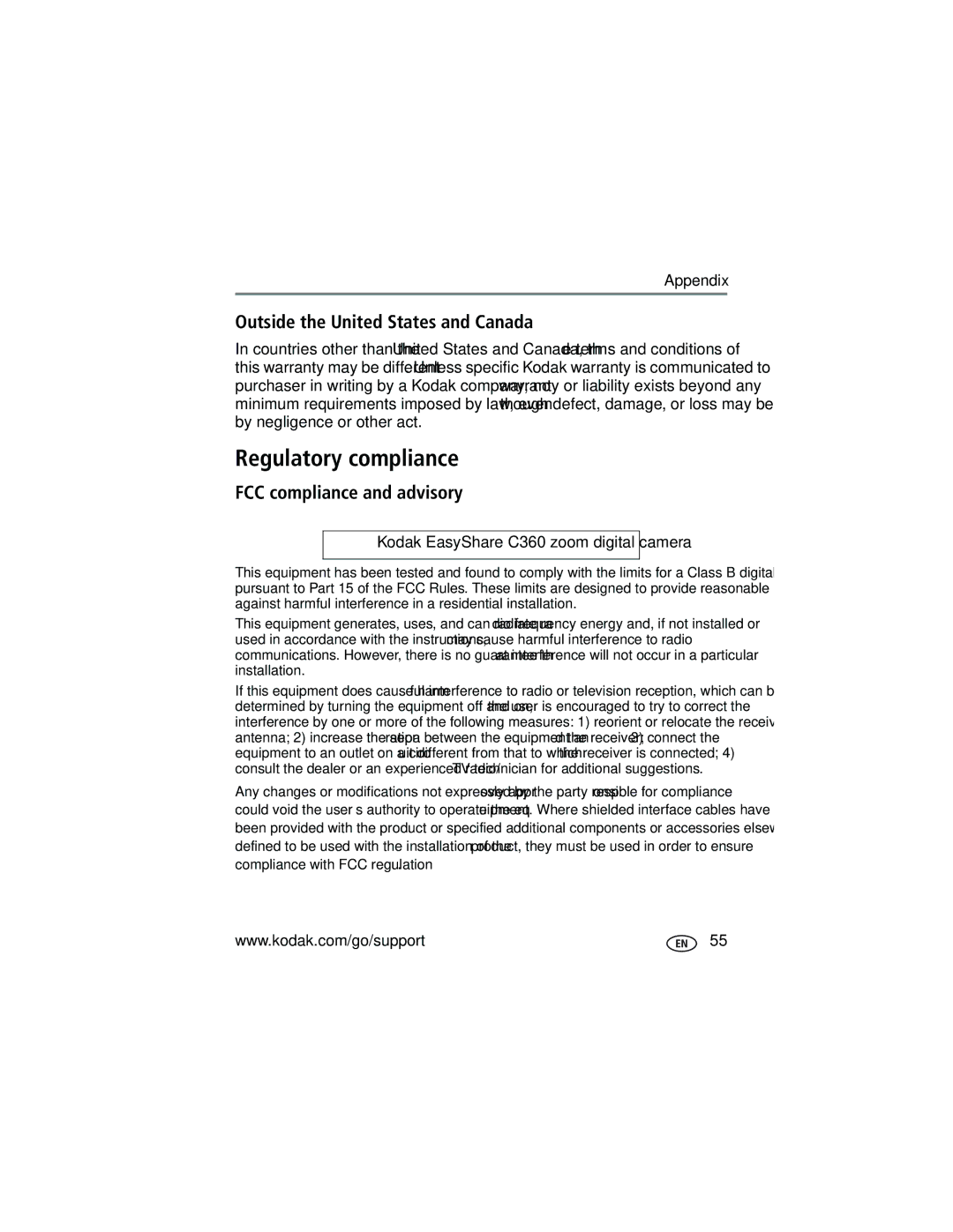 Kodak C360 manual Regulatory compliance, Outside the United States and Canada, FCC compliance and advisory 