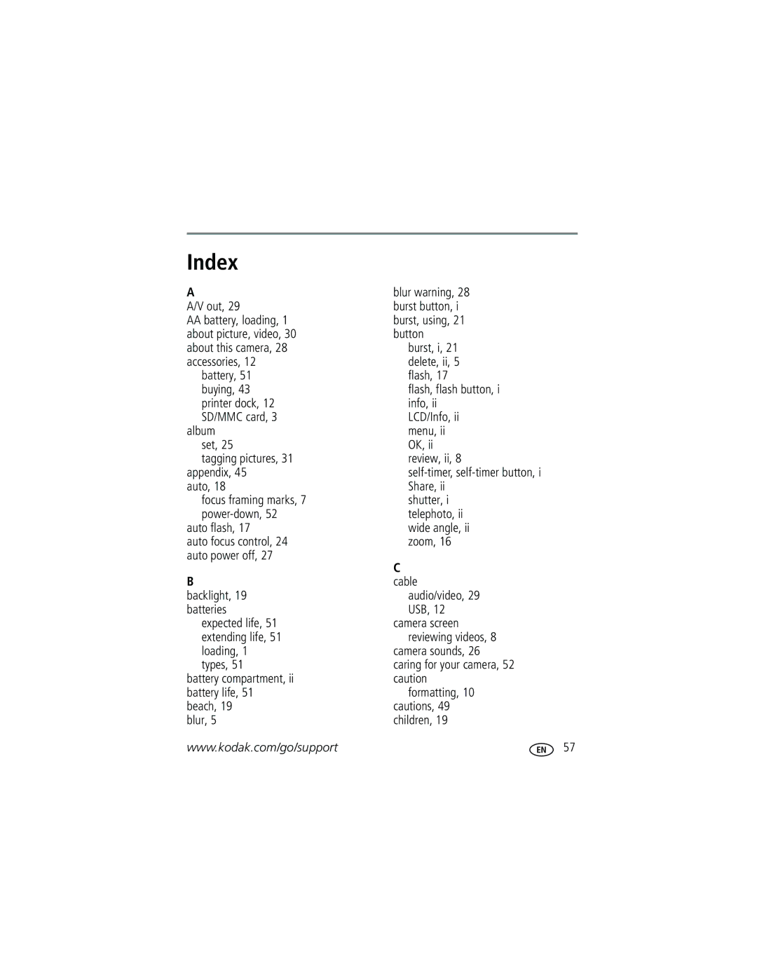 Kodak C360 manual Index, Blur warning 