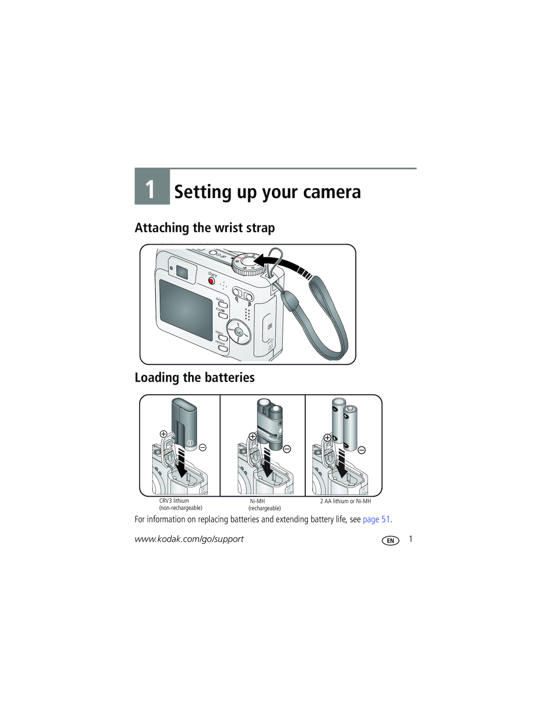 Kodak C360 manual Setting up your camera, Attaching the wrist strap Loading the batteries 