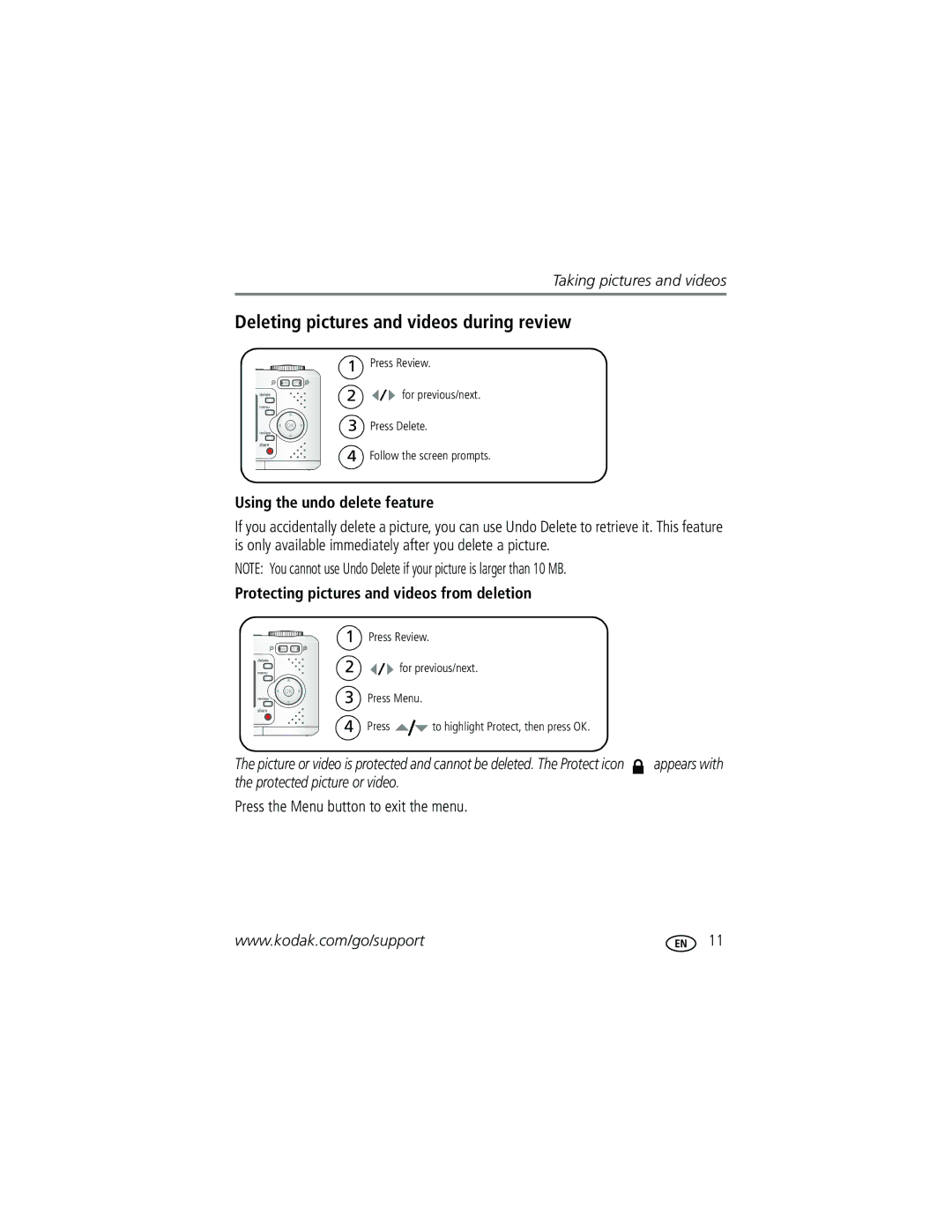 Kodak C433 manual Deleting pictures and videos during review, Using the undo delete feature 