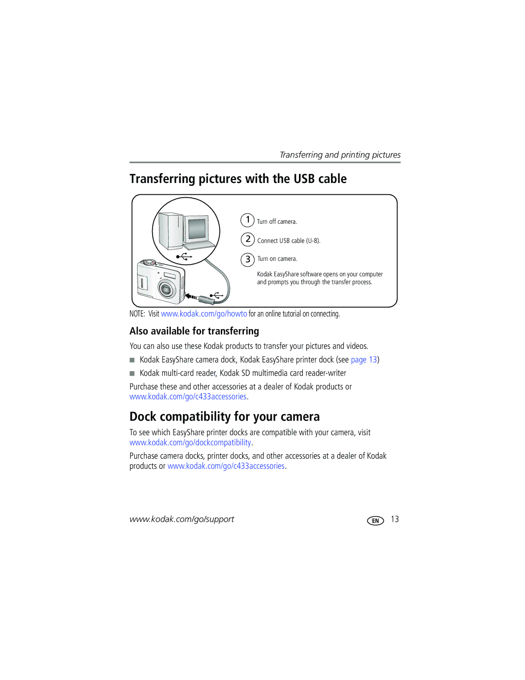 Kodak C433 Transferring pictures with the USB cable, Dock compatibility for your camera, Also available for transferring 