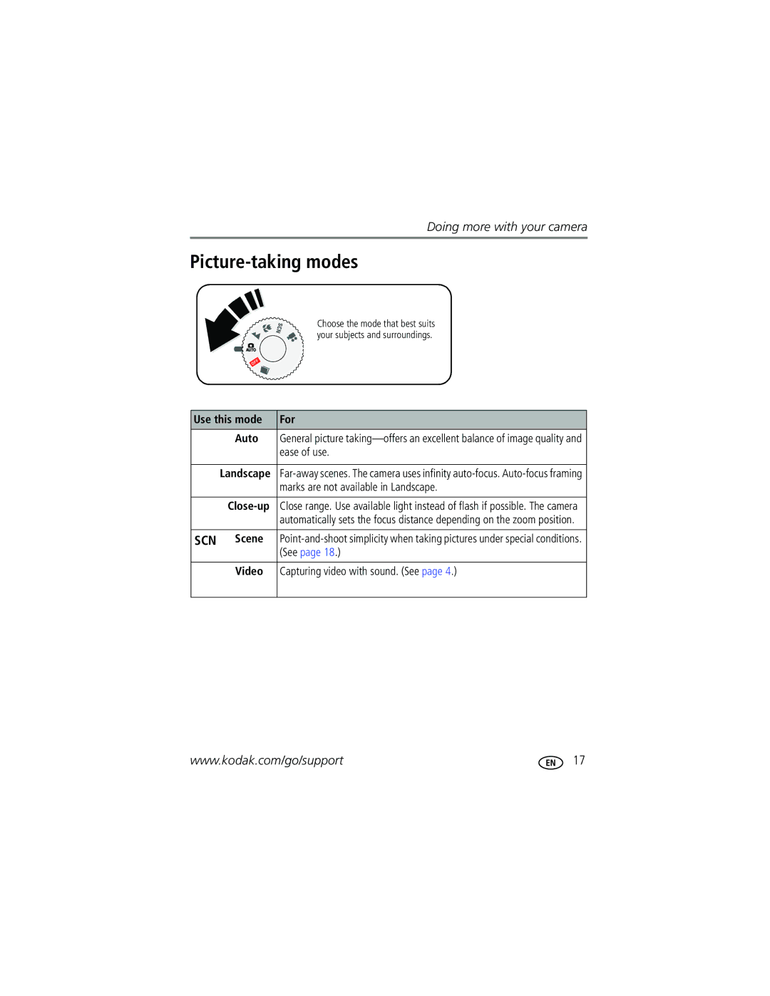 Kodak C433 manual Picture-taking modes, Use this mode For Auto, Close-up, Scene, Video 