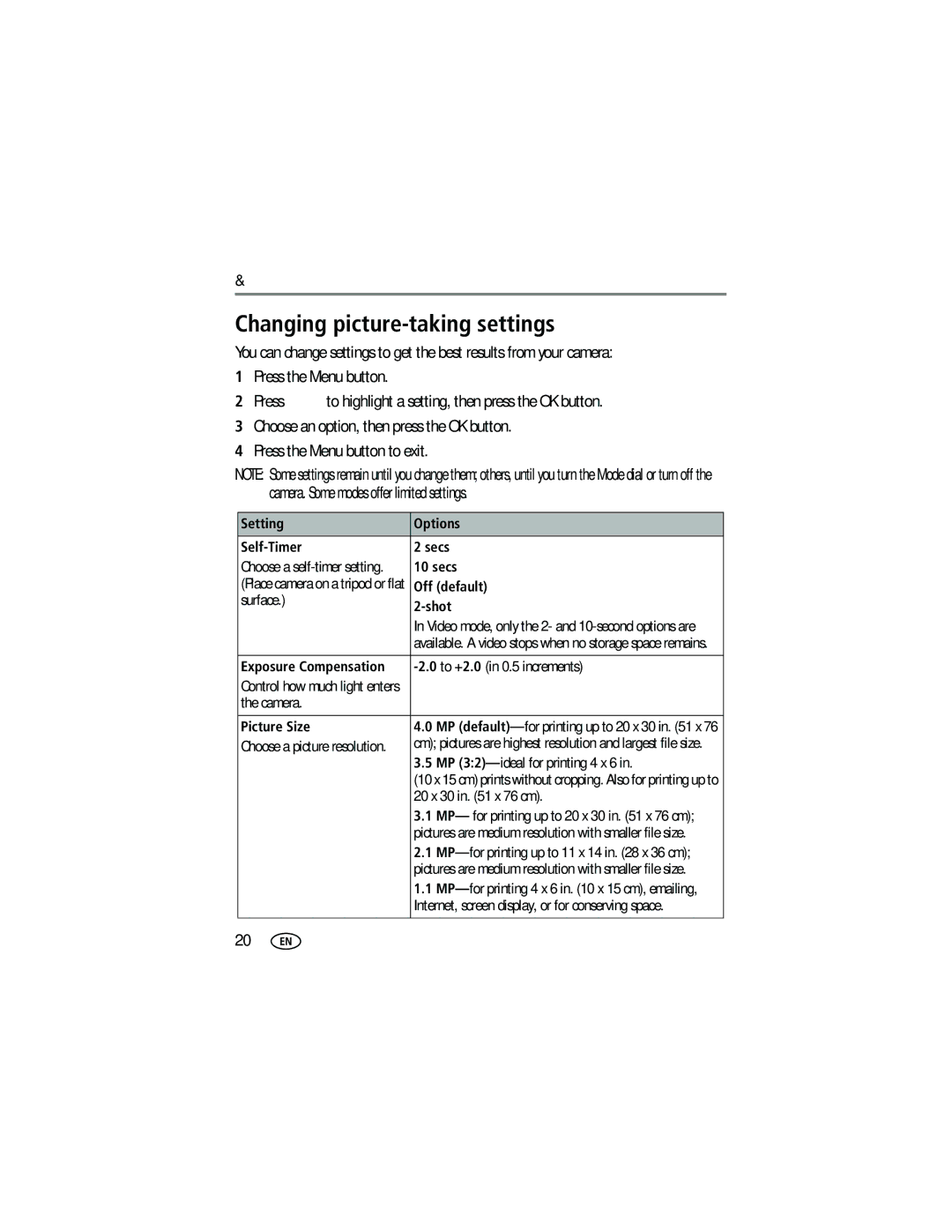 Kodak C433 manual Changing picture-taking settings 