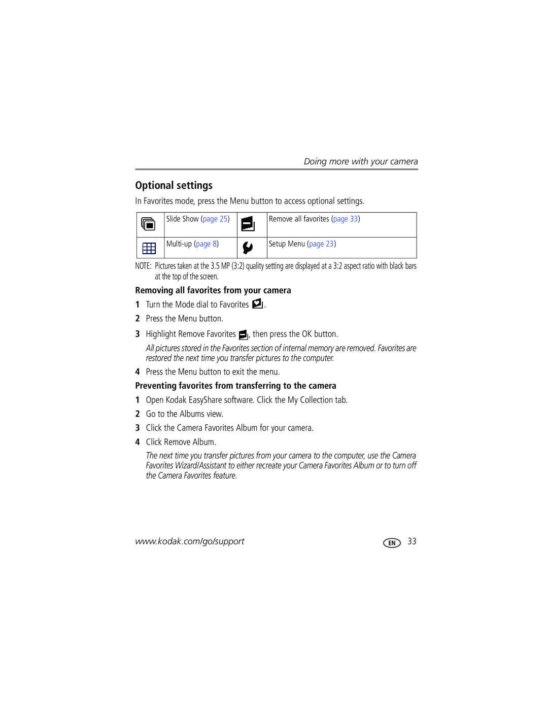 Kodak C433 Optional settings, Removing all favorites from your camera, Slide Show Remove all favorites Multi-up Setup Menu 