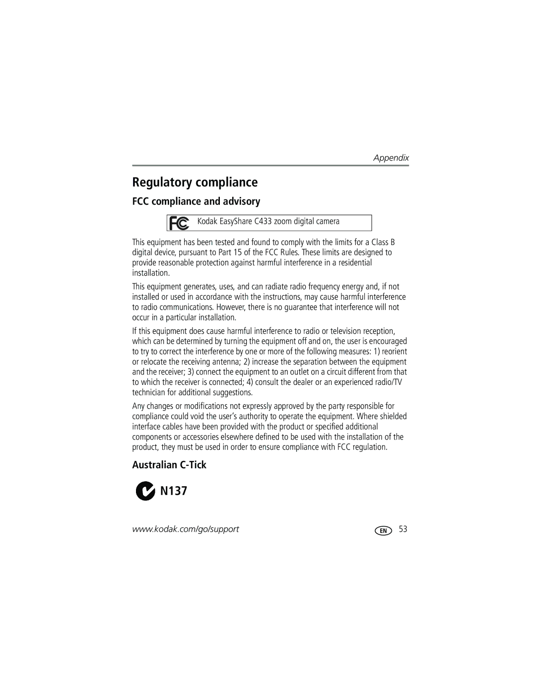 Kodak Regulatory compliance, FCC compliance and advisory, Australian C-Tick, Kodak EasyShare C433 zoom digital camera 