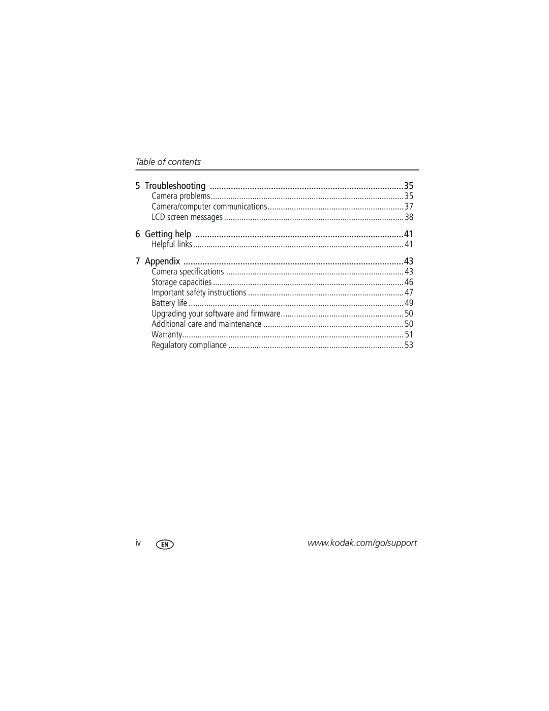 Kodak C433 manual Table of contents 