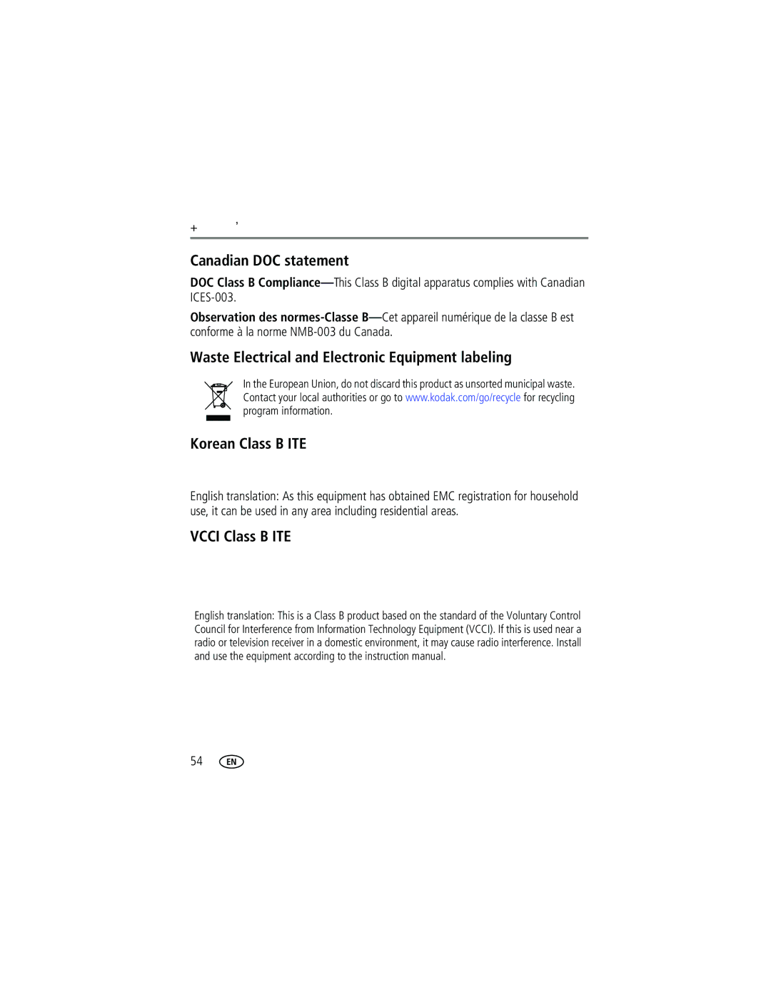 Kodak C433 manual Canadian DOC statement, Vcci Class B ITE 