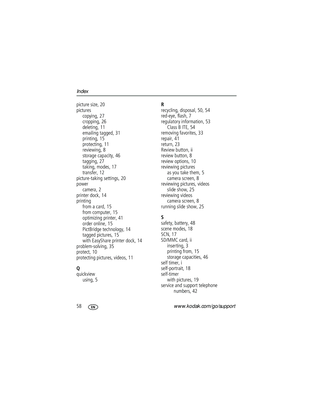 Kodak C433 manual Index 