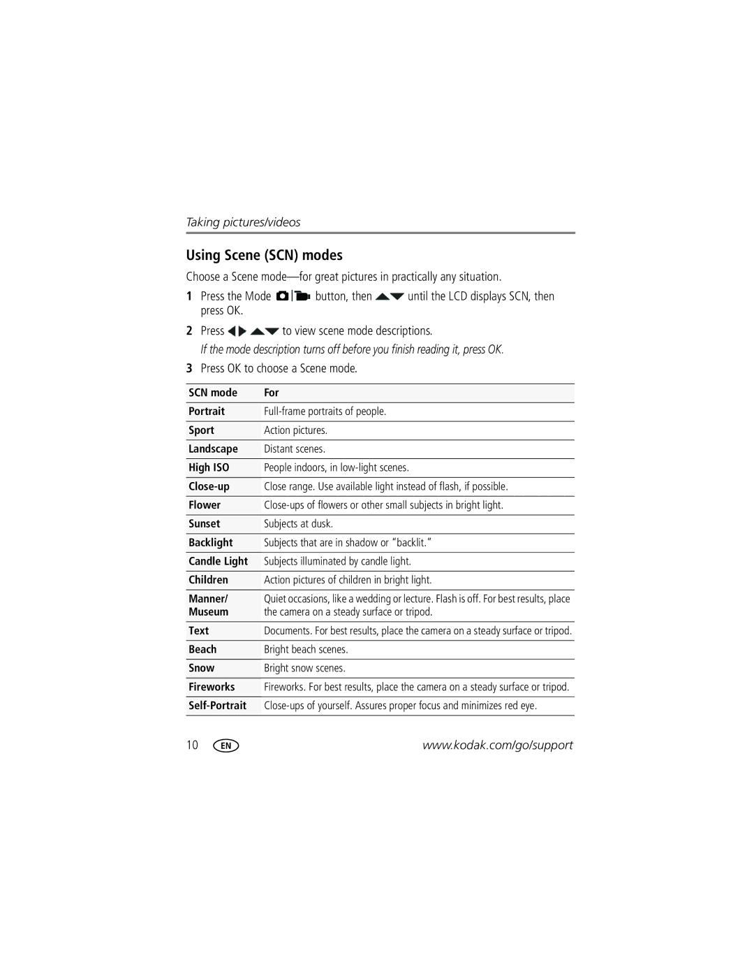 Kodak C443 manual Using Scene SCN modes, Press OK to choose a Scene mode, Museum Camera on a steady surface or tripod Text 