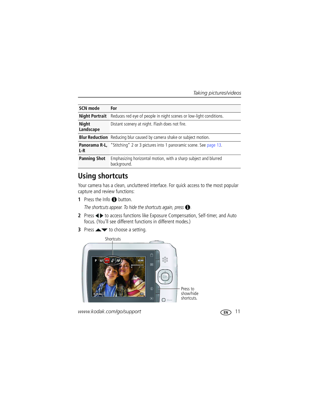 Kodak C443 manual Using shortcuts, Press to choose a setting, SCN mode For 