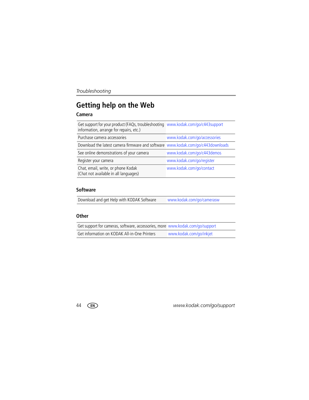 Kodak C443 manual Getting help on the Web, Camera, Software, Other 