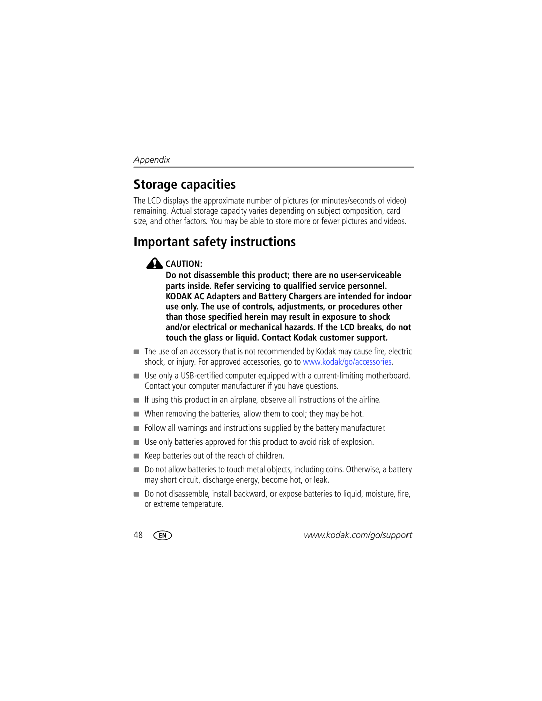 Kodak C443 manual Storage capacities, Important safety instructions 