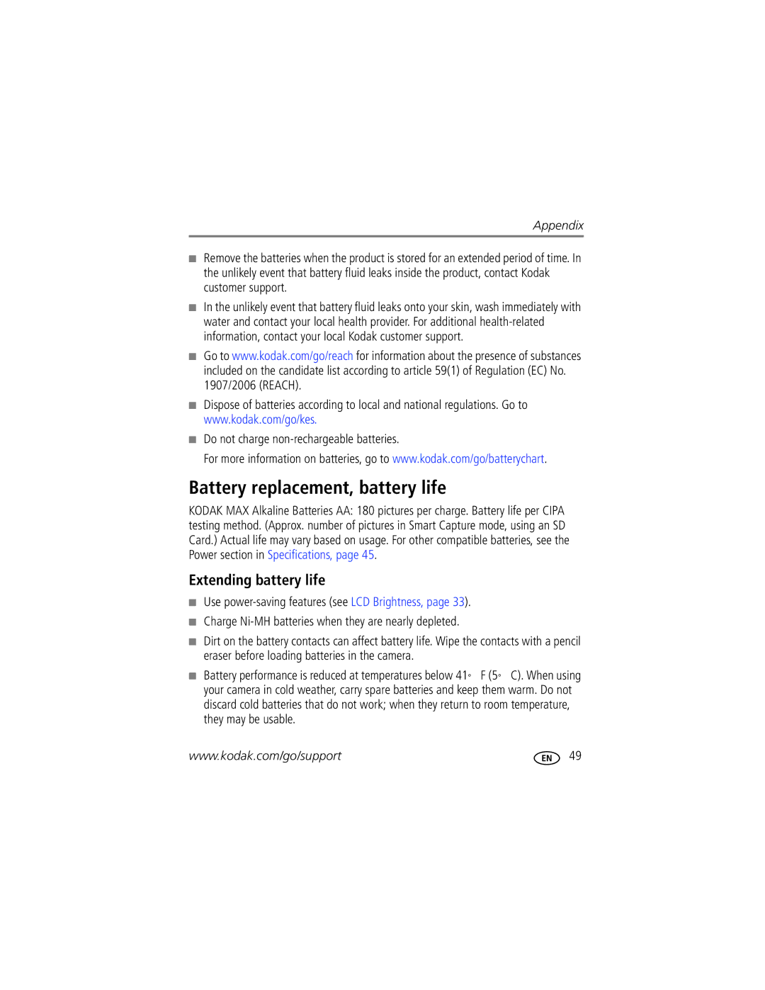 Kodak C443 manual Battery replacement, battery life, Extending battery life, Do not charge non-rechargeable batteries 