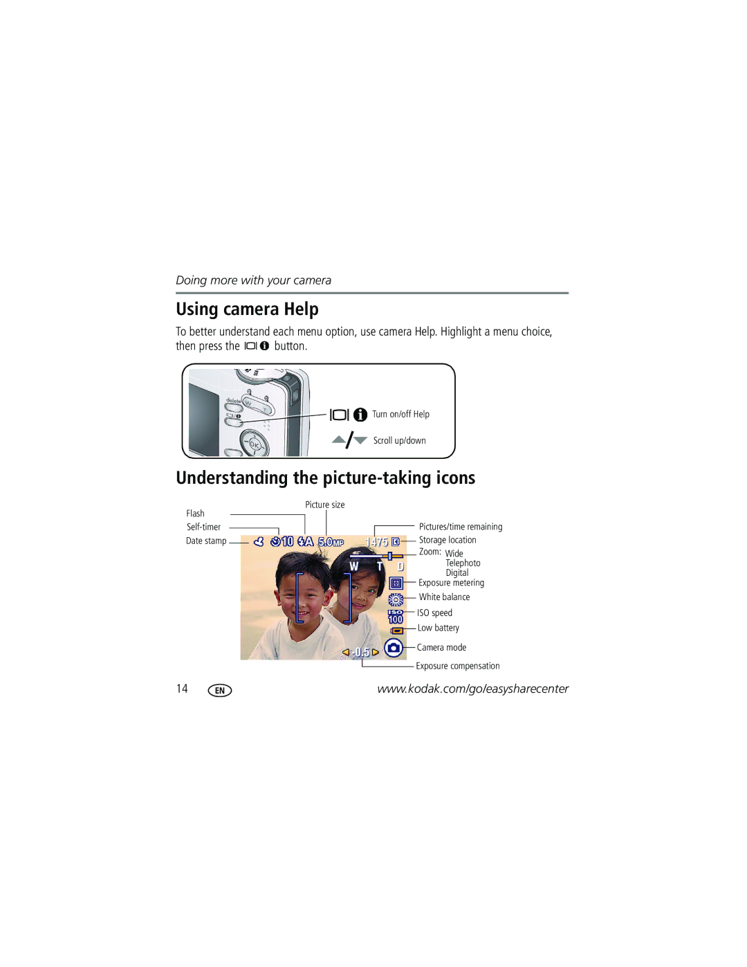 Kodak C513 manual Using camera Help, Understanding the picture-taking icons 