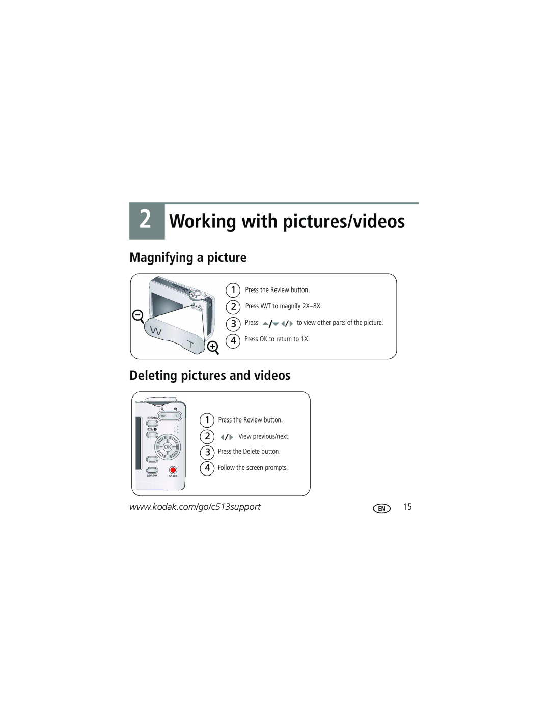 Kodak C513 manual Magnifying a picture, Deleting pictures and videos 