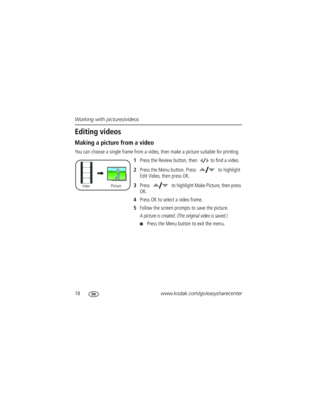 Kodak C513 manual Editing videos, Making a picture from a video 