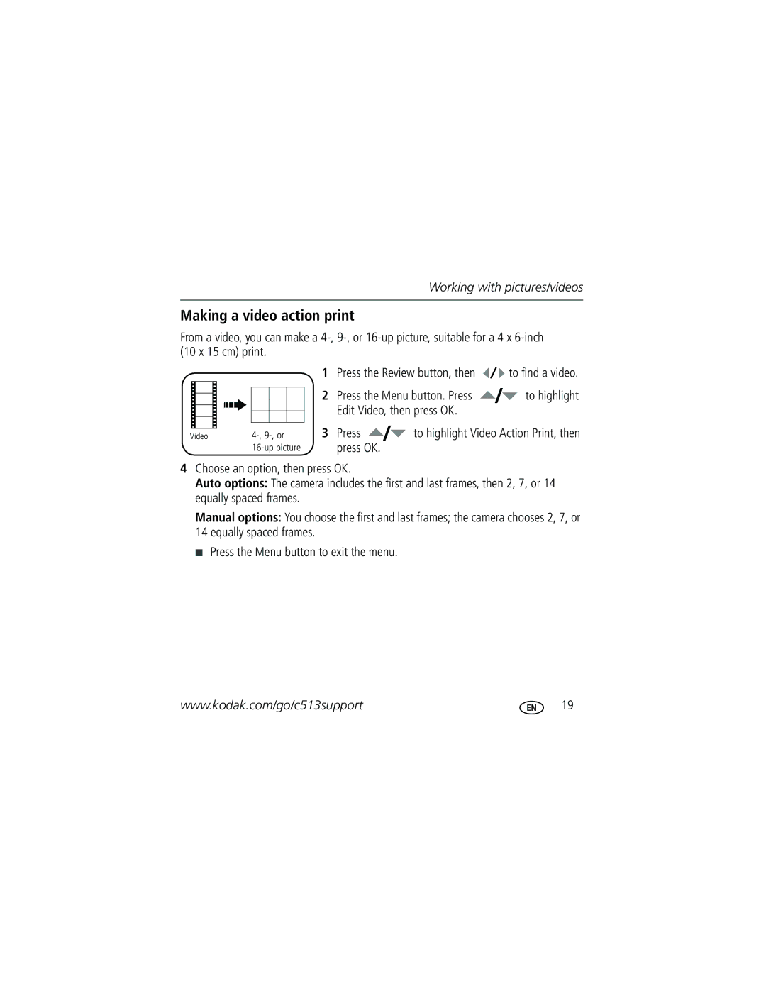 Kodak C513 manual Making a video action print 