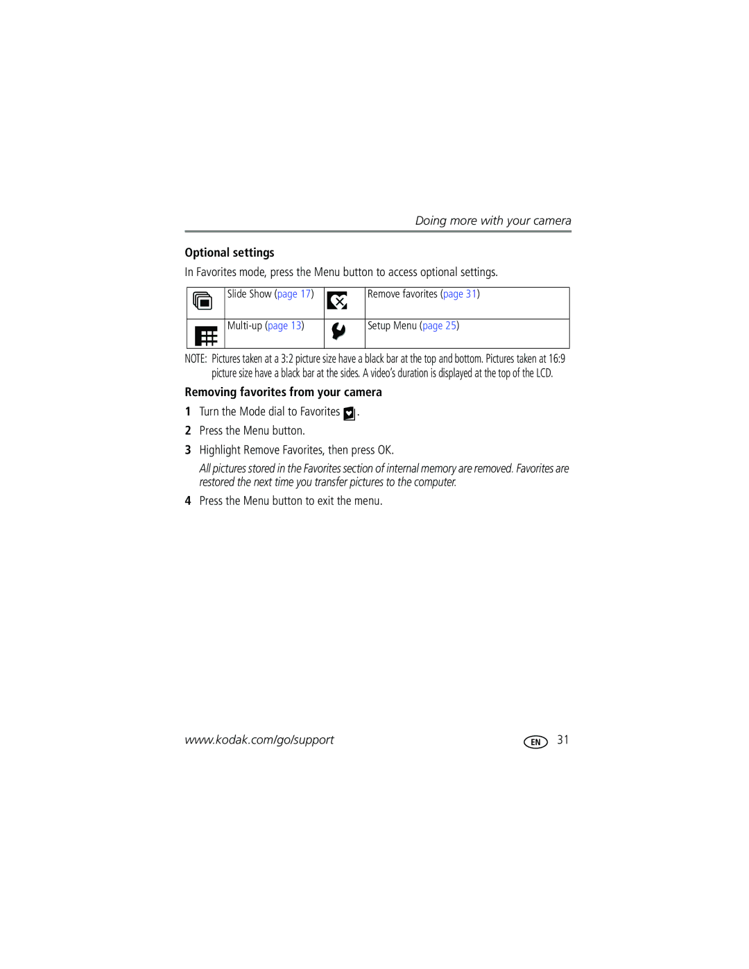 Kodak C513 manual Optional settings, Removing favorites from your camera, Slide Show Remove favorites Multi-up Setup Menu 