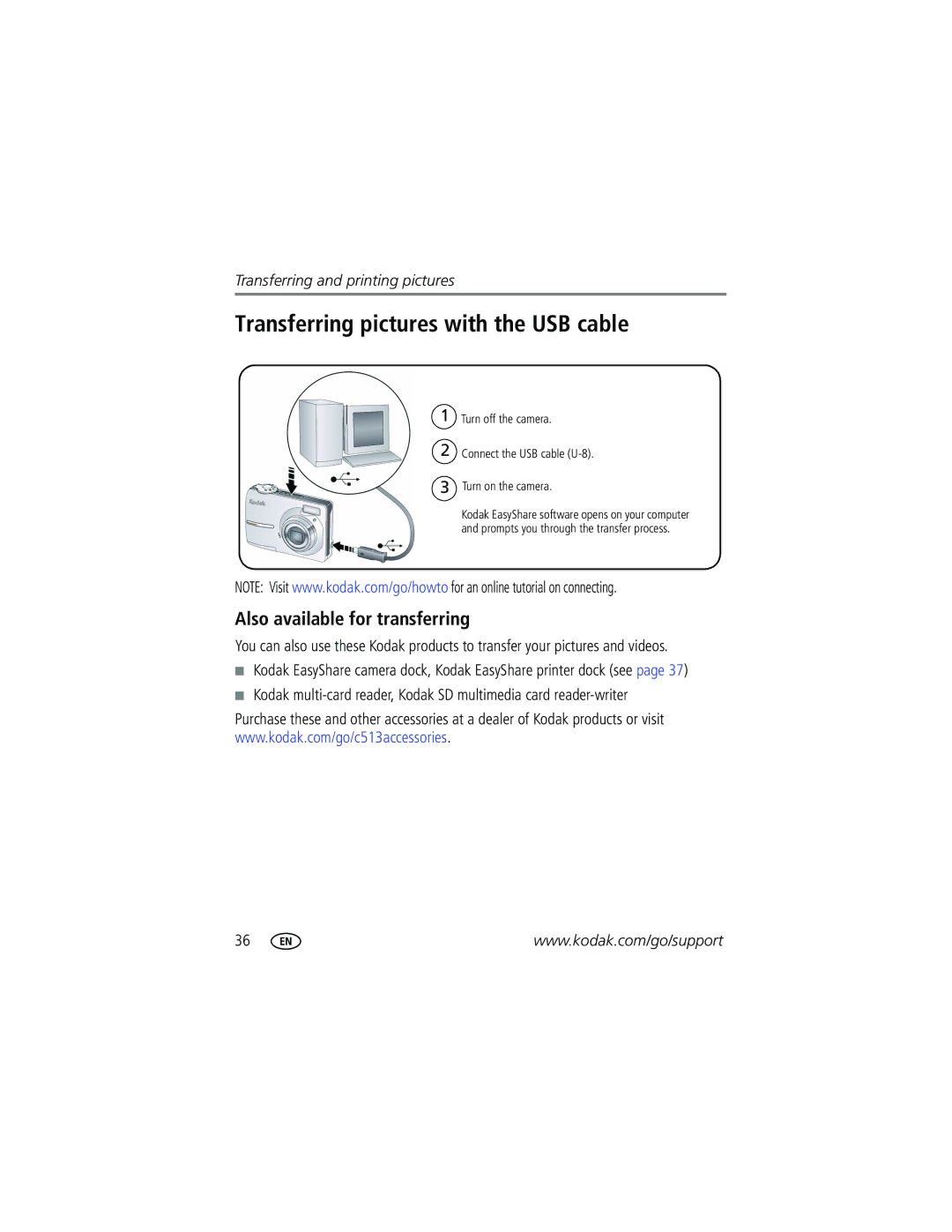 Kodak C513 manual Transferring pictures with the USB cable, Also available for transferring 