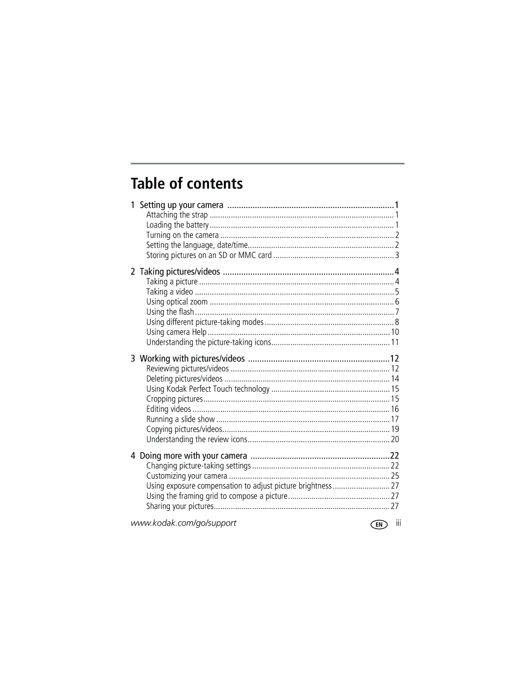 Kodak C513 manual Table of contents 