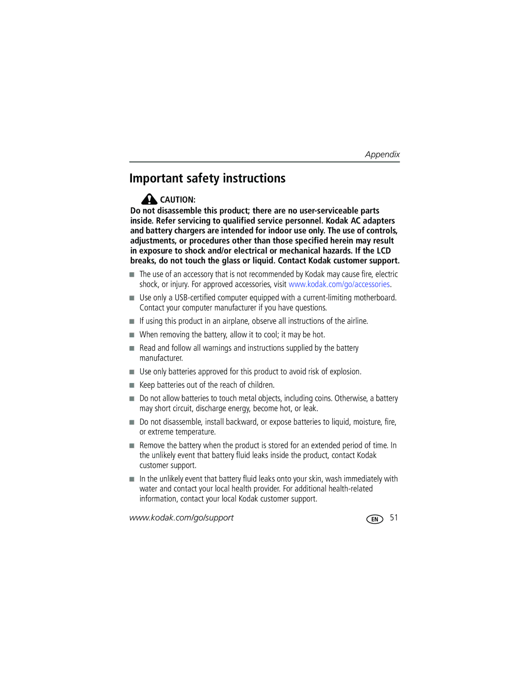 Kodak C513 manual Important safety instructions 