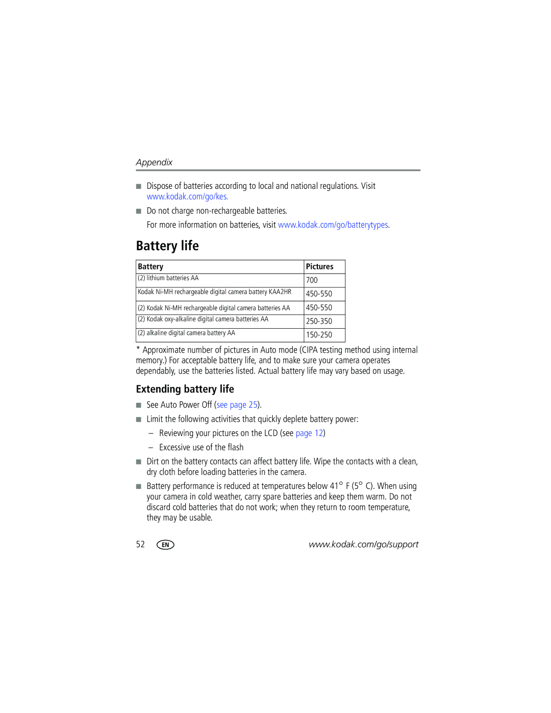 Kodak C513 manual Battery life, Extending battery life, Do not charge non-rechargeable batteries, Battery Pictures 