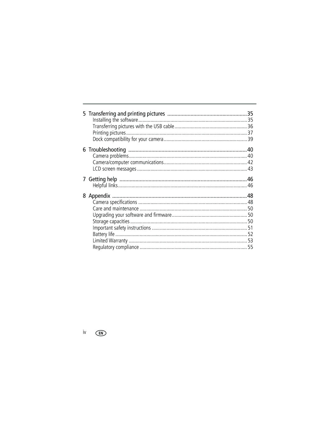 Kodak C513 manual Table of contents 