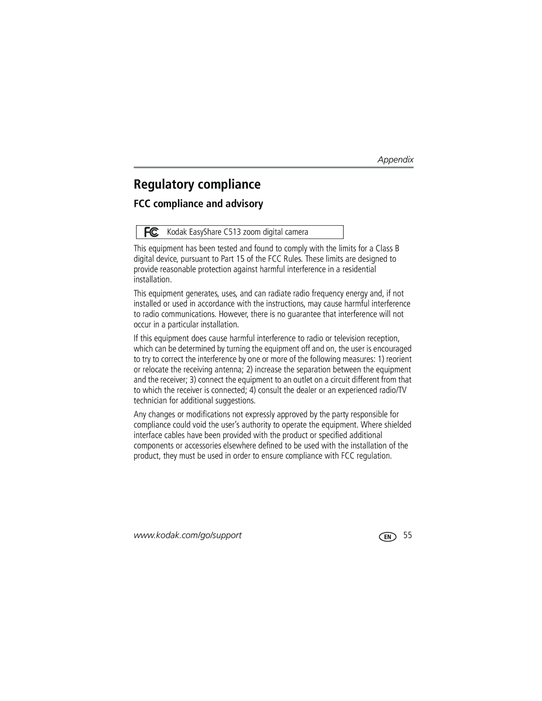 Kodak C513 manual Regulatory compliance, FCC compliance and advisory 