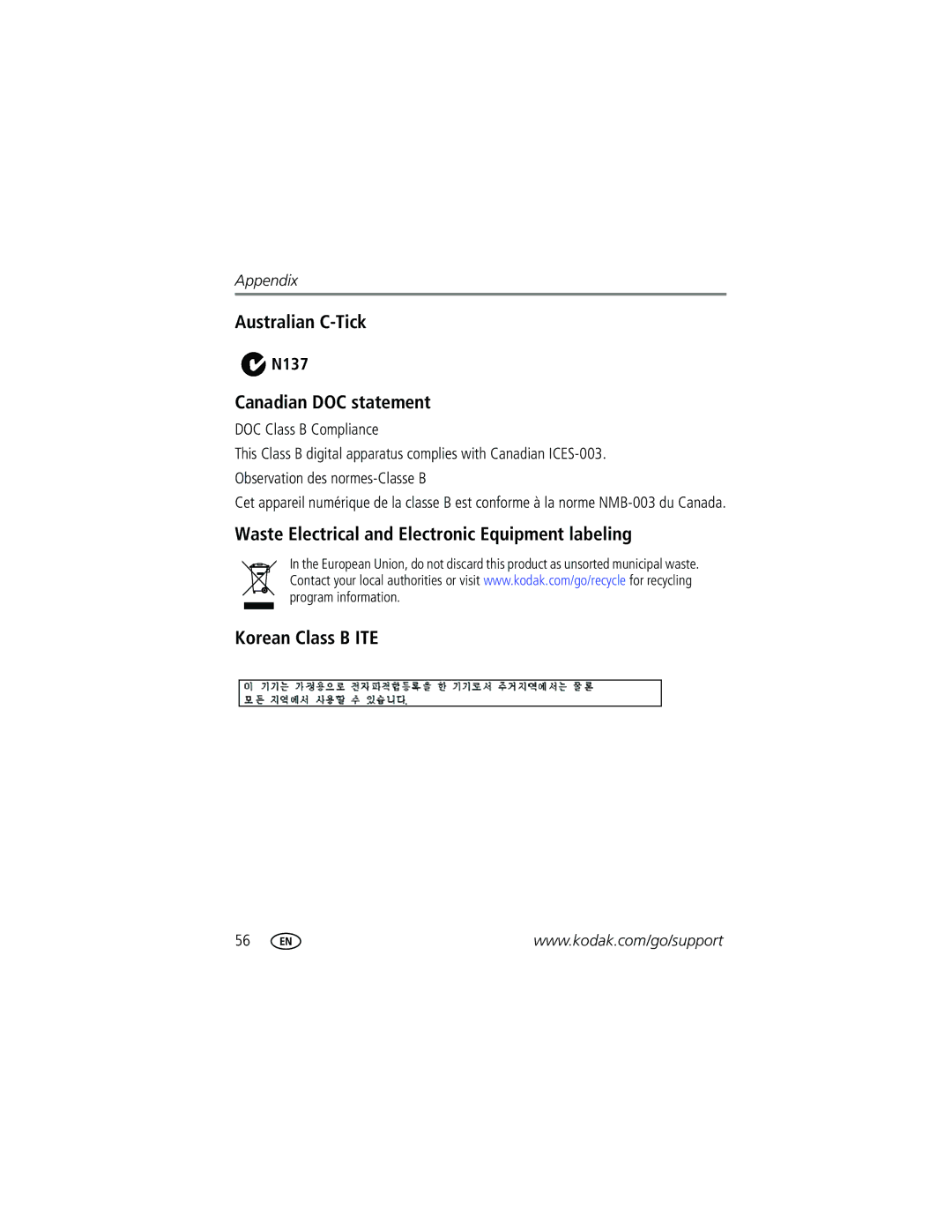 Kodak C513 manual Australian C-Tick, Canadian DOC statement, N137, DOC Class B Compliance 