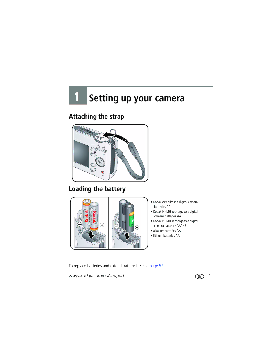 Kodak C513 manual Attaching the strap Loading the battery, To replace batteries and extend battery life, see 