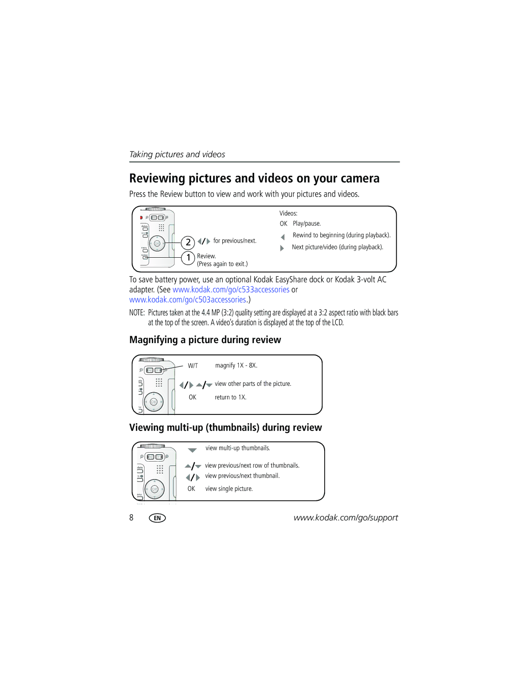 Kodak C533, C503 manual Reviewing pictures and videos on your camera, Magnifying a picture during review 