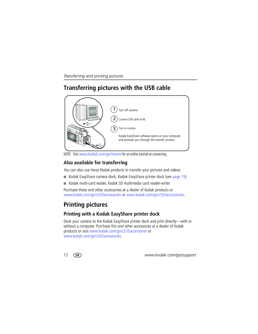 Kodak C533, C503 manual Transferring pictures with the USB cable, Printing pictures, Also available for transferring 