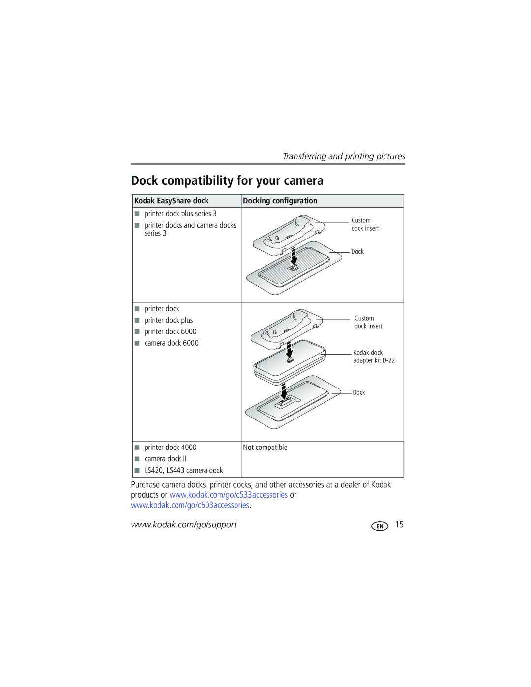 Kodak C503, C533 manual Dock compatibility for your camera, Kodak EasyShare dock Docking configuration 