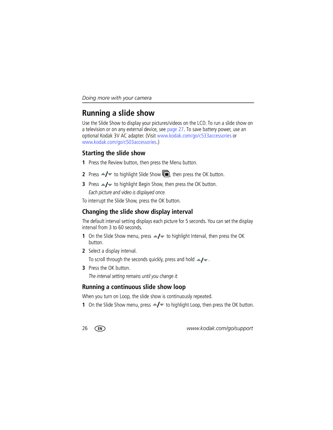 Kodak C533, C503 manual Running a slide show, Starting the slide show, Changing the slide show display interval 