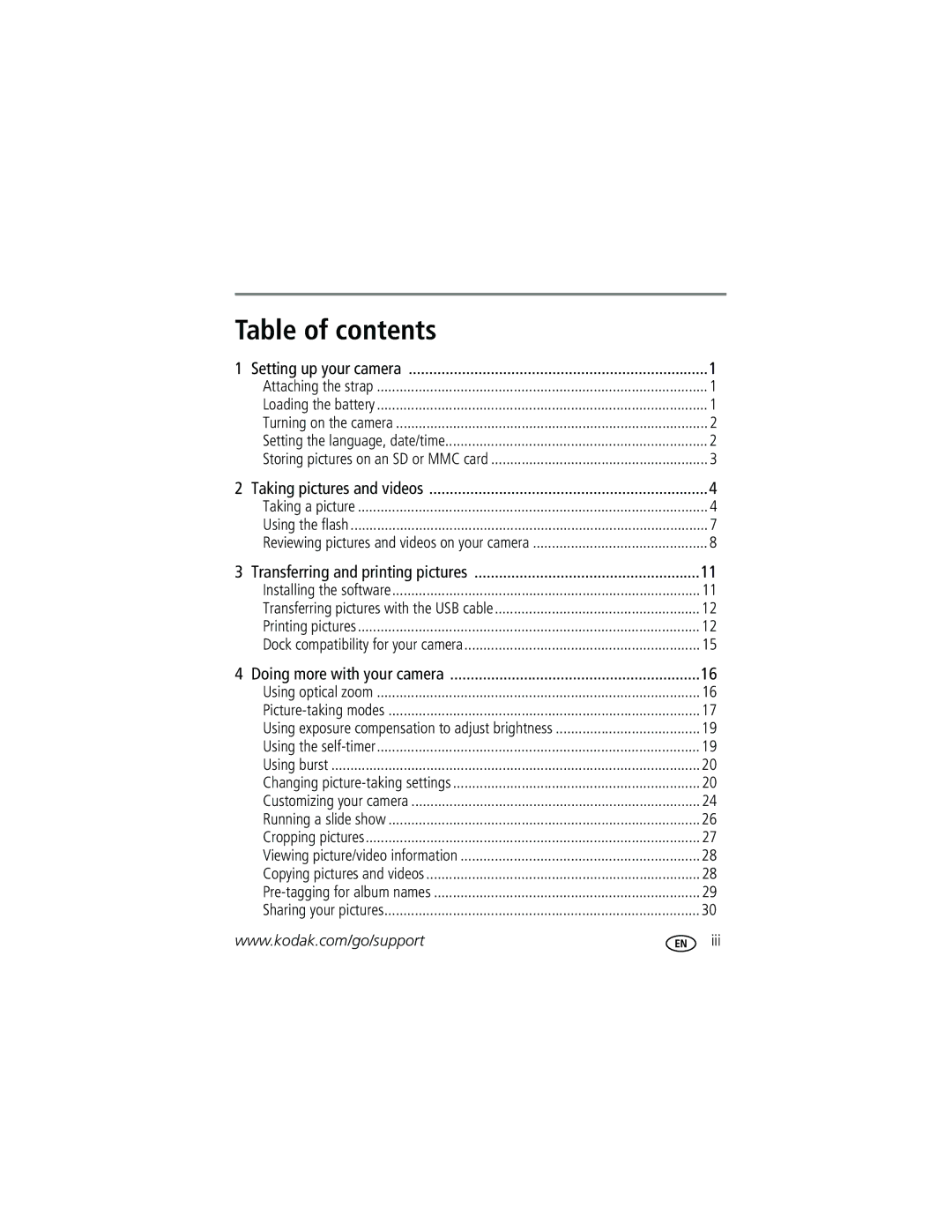 Kodak C503, C533 manual Table of contents 