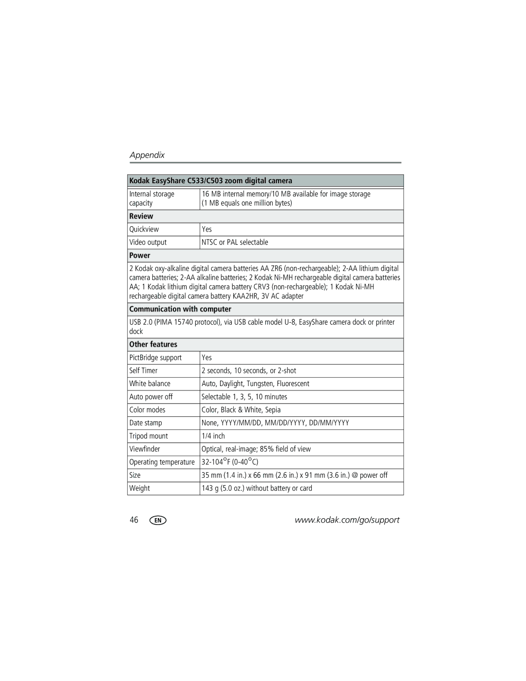 Kodak C533, C503 manual Review, Power, Communication with computer, Other features 