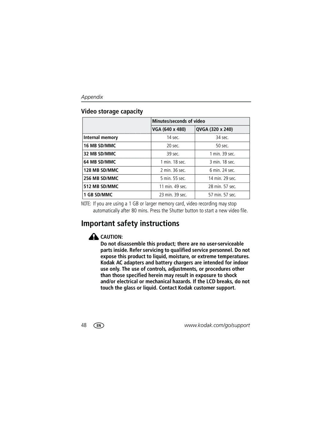 Kodak C533, C503 manual Important safety instructions, Video storage capacity, Minutes/seconds of video 