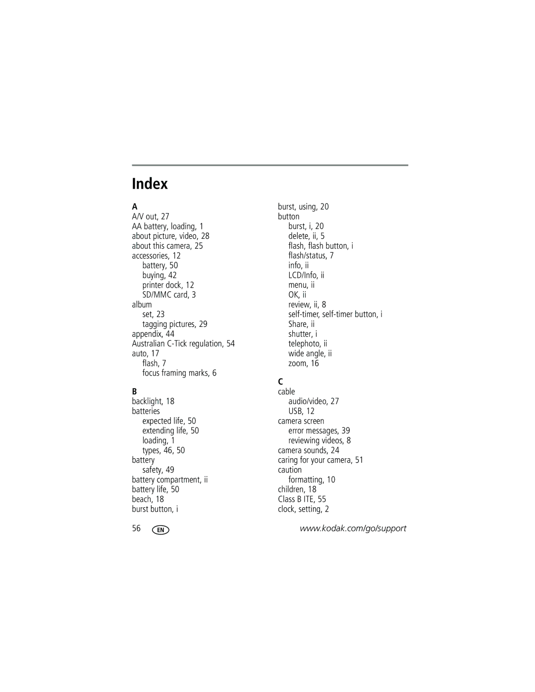 Kodak C533, C503 manual Index, Burst, using 