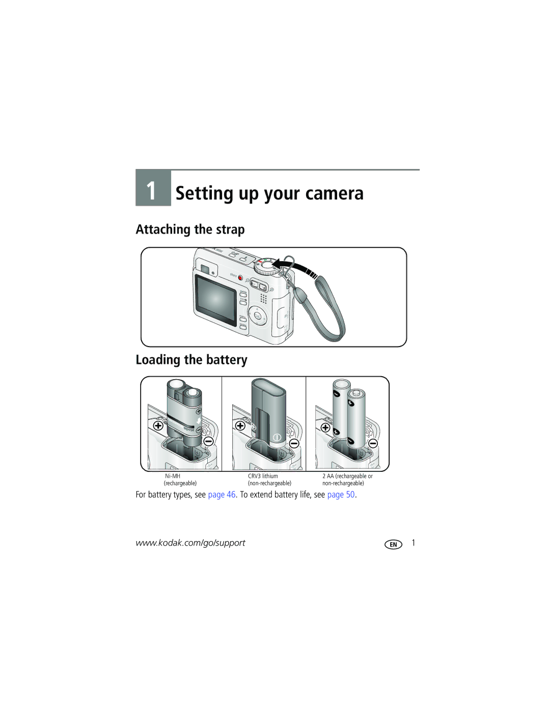 Kodak C503, C533 manual Attaching the strap Loading the battery, For battery types, see page 46. To extend battery life, see 