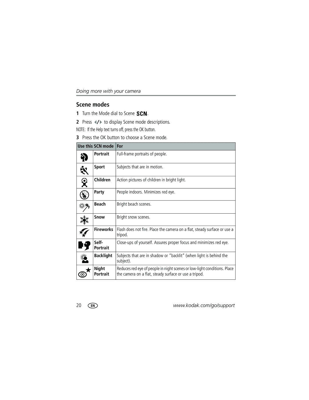 Kodak C603 manual Scene modes, Turn the Mode dial to Scene, Press the OK button to choose a Scene mode 