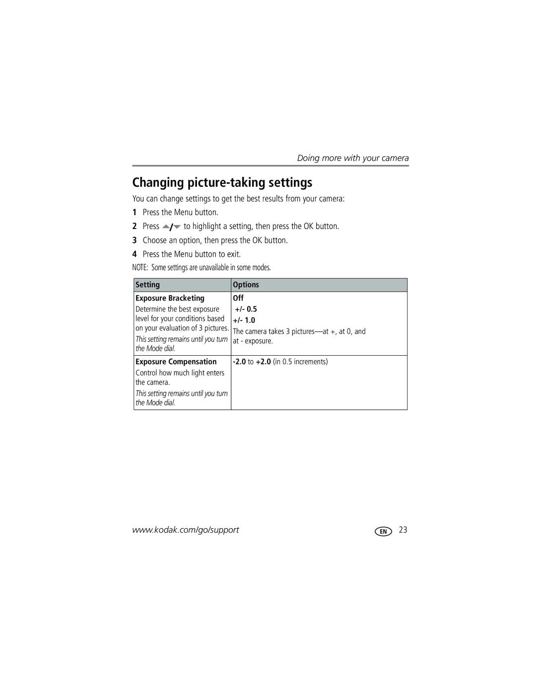 Kodak C603 manual Changing picture-taking settings 