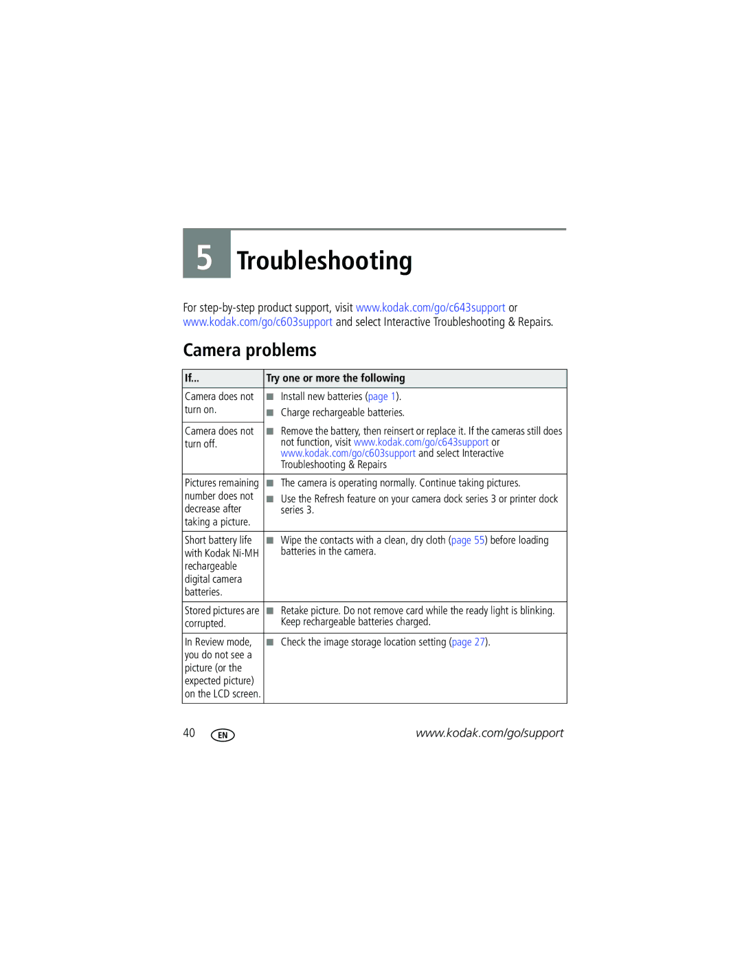 Kodak C603 manual Troubleshooting, Camera problems, Try one or more the following 