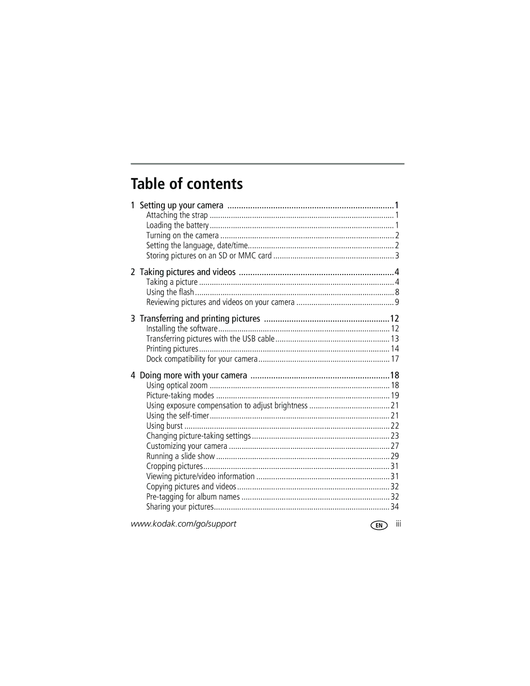 Kodak C603 manual Table of contents 