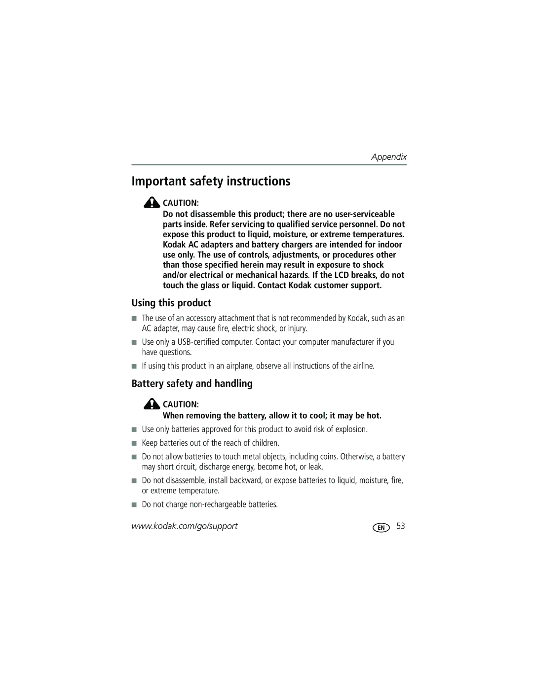 Kodak C603 manual Important safety instructions, Using this product, Battery safety and handling 