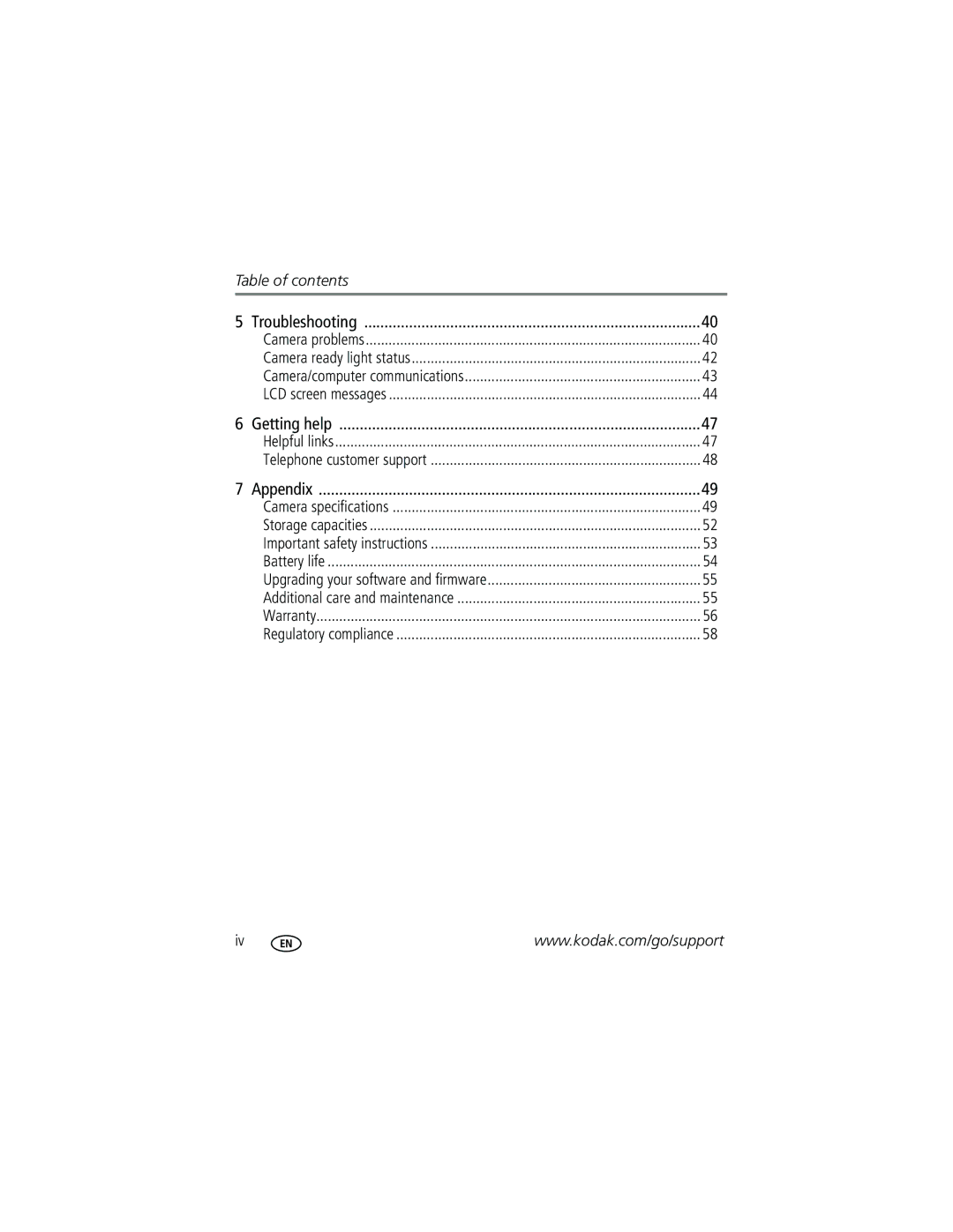 Kodak C603 manual Table of contents 